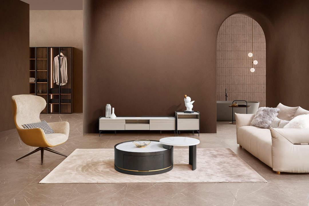 Macao Round Coffee Table with Drawers and White Spanish Ceramic Top