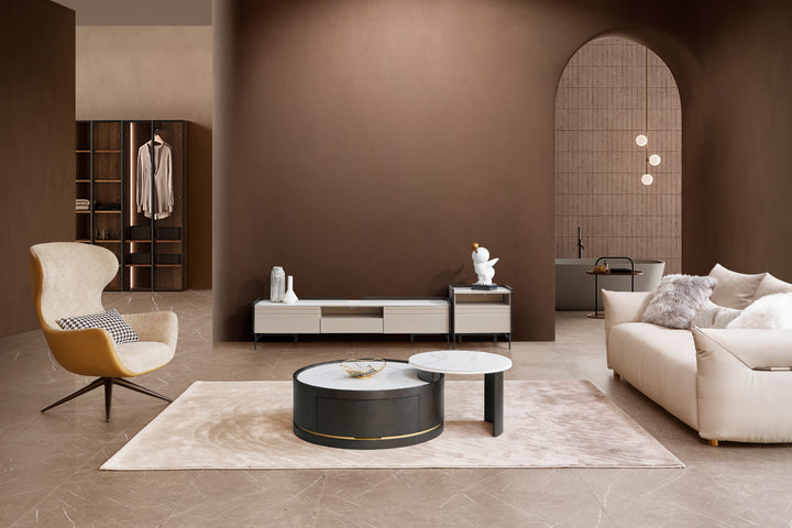 Macao Round Coffee Table with Drawers and White Spanish Ceramic Top