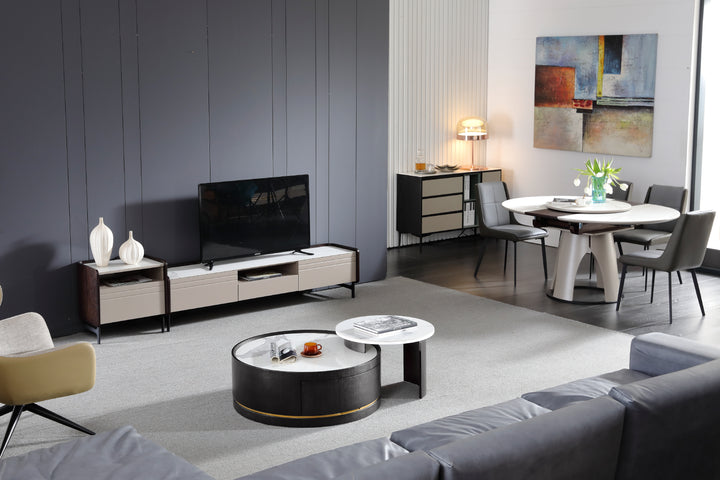 Macao Round Coffee Table with Drawers and White Spanish Ceramic Top