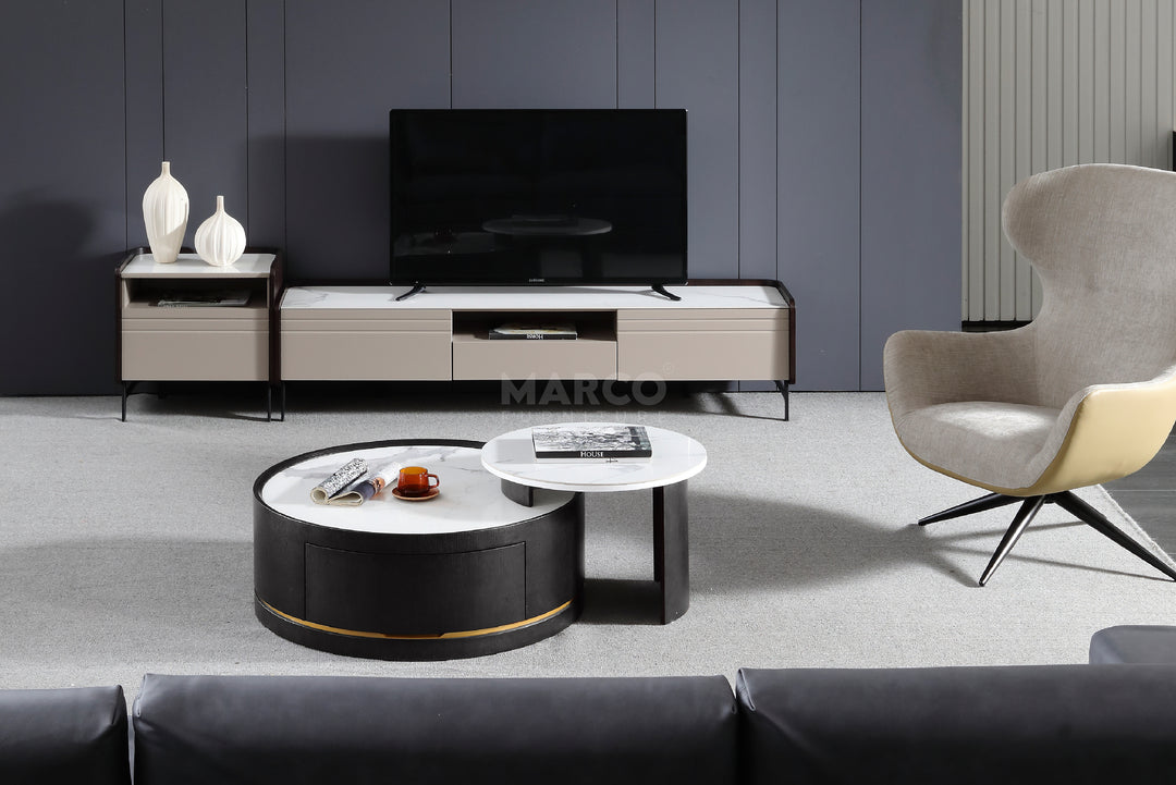 Macao Round Coffee Table with Drawers and White Spanish Ceramic Top