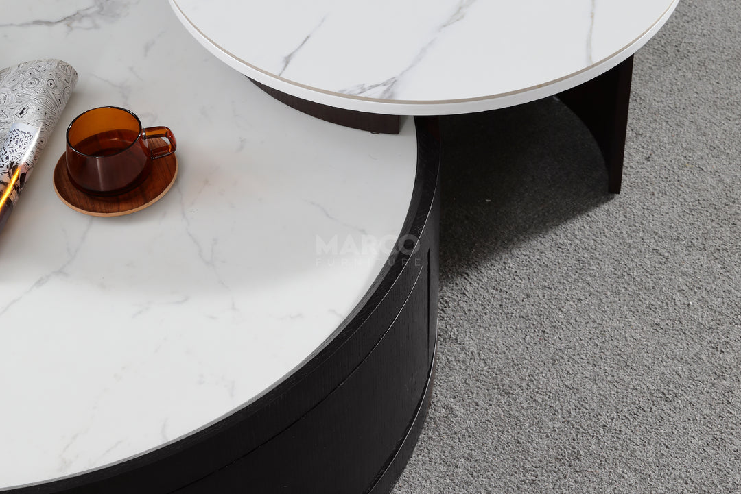 Macao Round Coffee Table with Drawers and White Spanish Ceramic Top