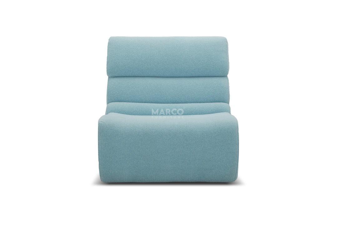 Light blue children's chair with 'MARCO' branding on a white background