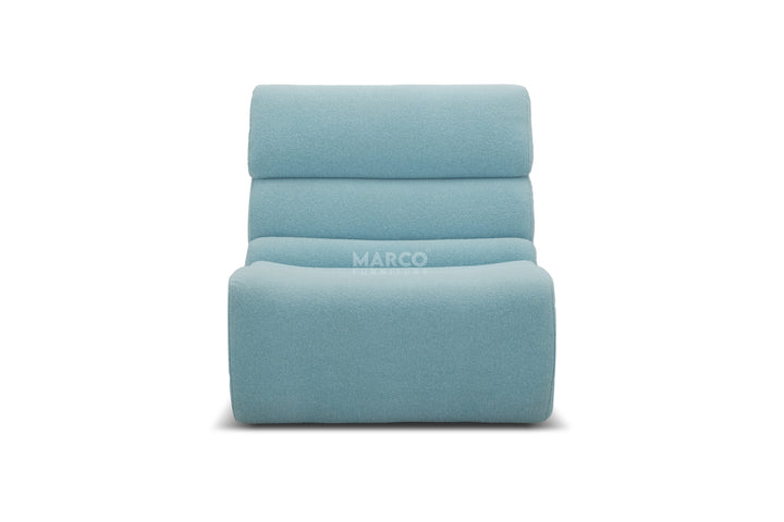 Light blue children's chair with 'MARCO' branding on a white background