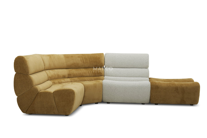Sectional sofa with brown and beige cushions on a white background