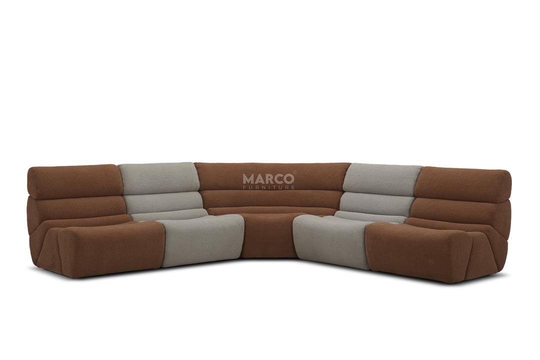 Brown and gray sectional sofa with 'Marco' branding on a white background