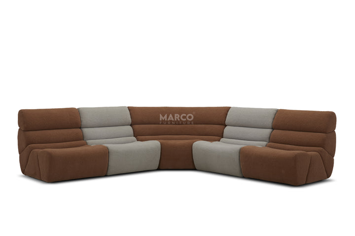 Brown and gray sectional sofa with 'Marco' branding on a white background