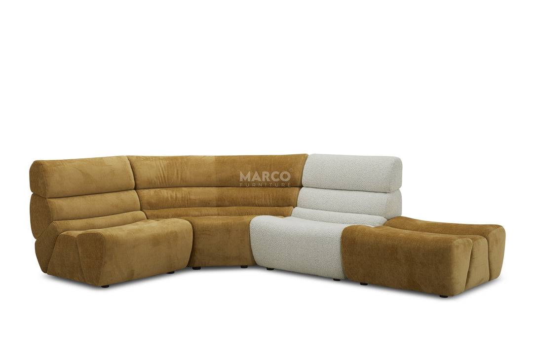 Brown and beige sectional sofa with 'MARCO' branding on a white background