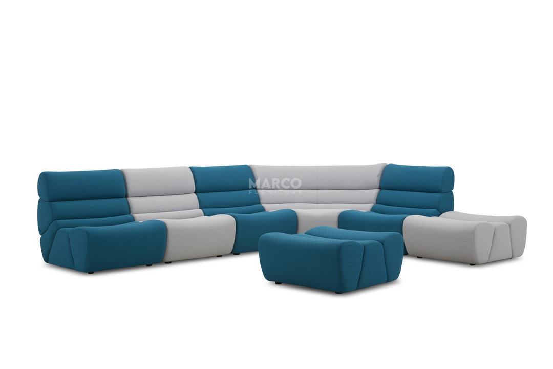 Blue and gray sofa set with 'Marco' branding on a white background