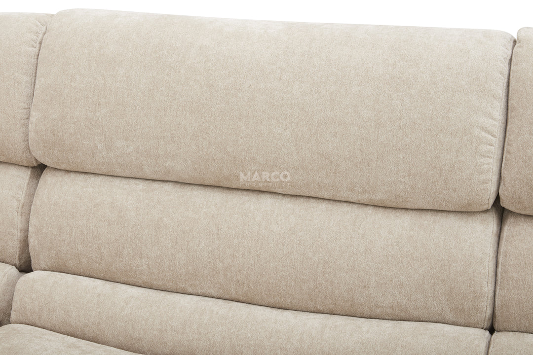 Beige sofa with 'MARCO' branding on a white background