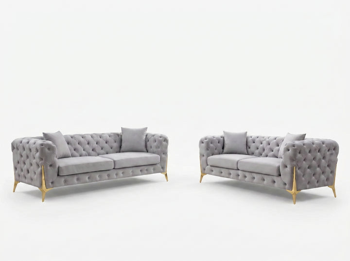 Marcus Velvet Chesterfield Sofa – Grey Tufted Lounge with Silver Legs