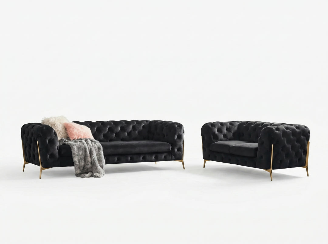Marcus Velvet Chesterfield Sofa – Black Tufted Lounge with Gold Legs