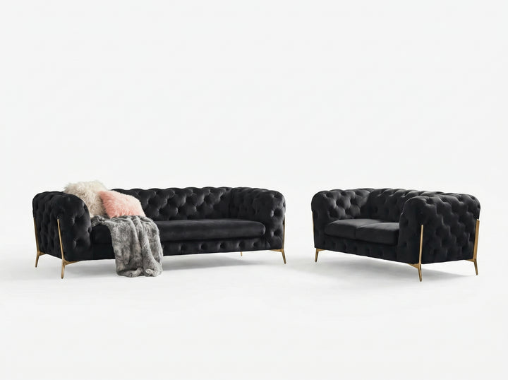 Marcus Velvet Chesterfield Sofa – Black Tufted Lounge with Gold Legs