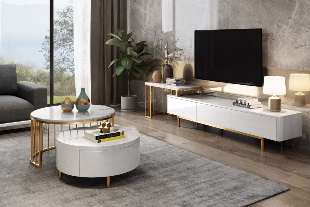 Modern living room with a round coffee table and a TV stand.