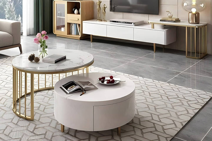 Modern living room with round coffee table and stylish decor