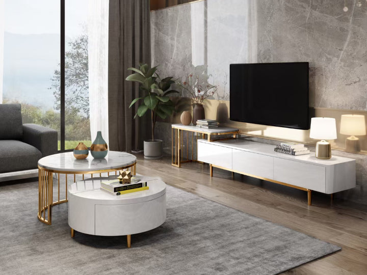 Modern living room with a TV stand, coffee table, and decor