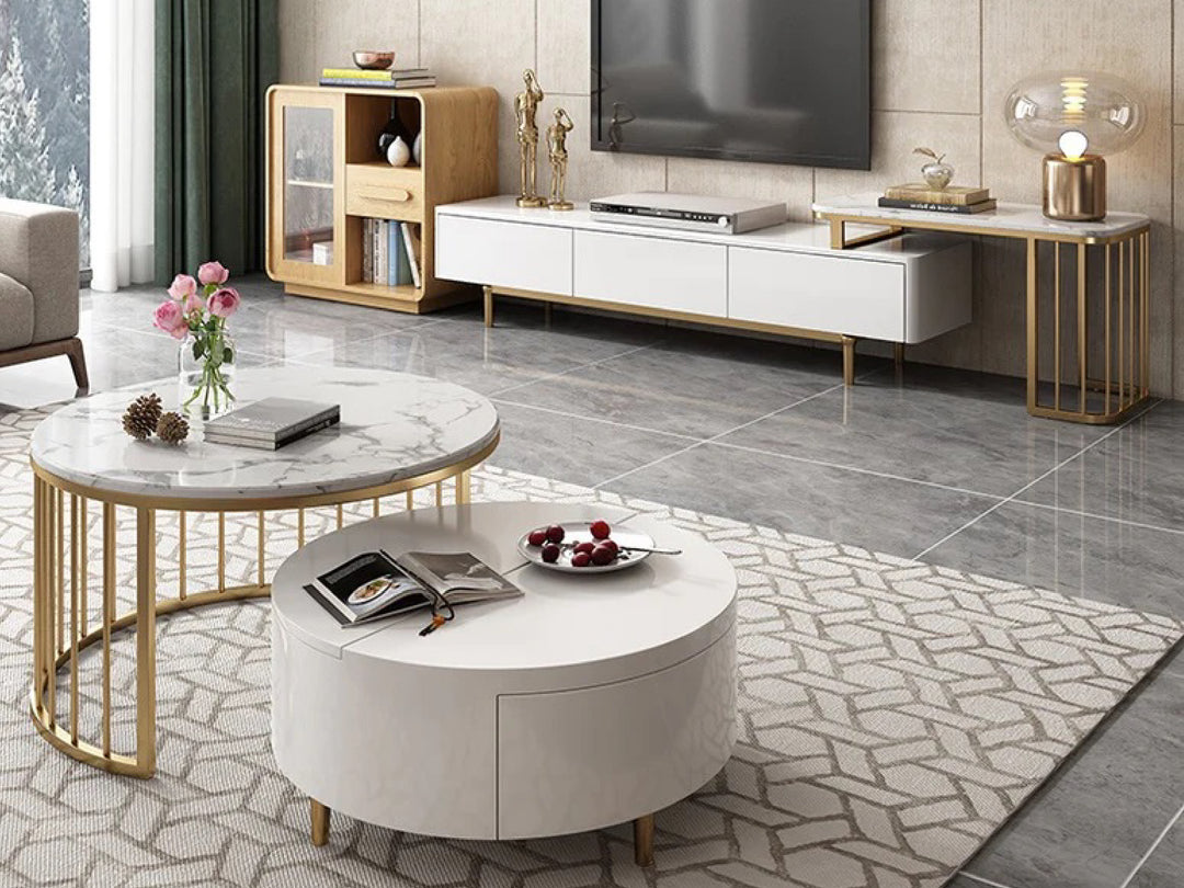Modern living room with round coffee table and marble rug