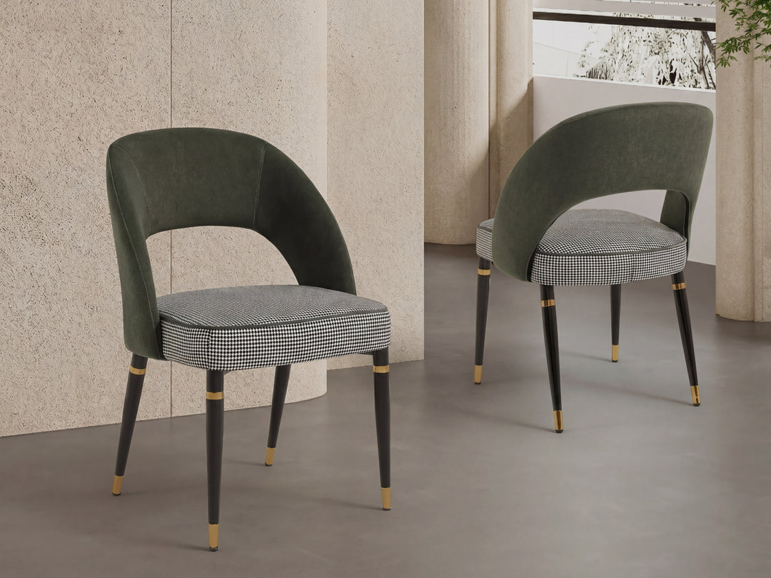 Milan Emerald Green Velvet Dining Chair with Houndstooth Seat