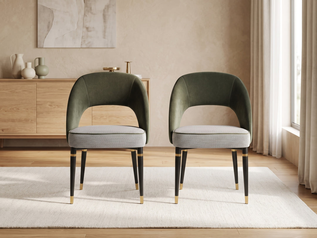 Milan Emerald Green Velvet Dining Chair with Houndstooth Seat