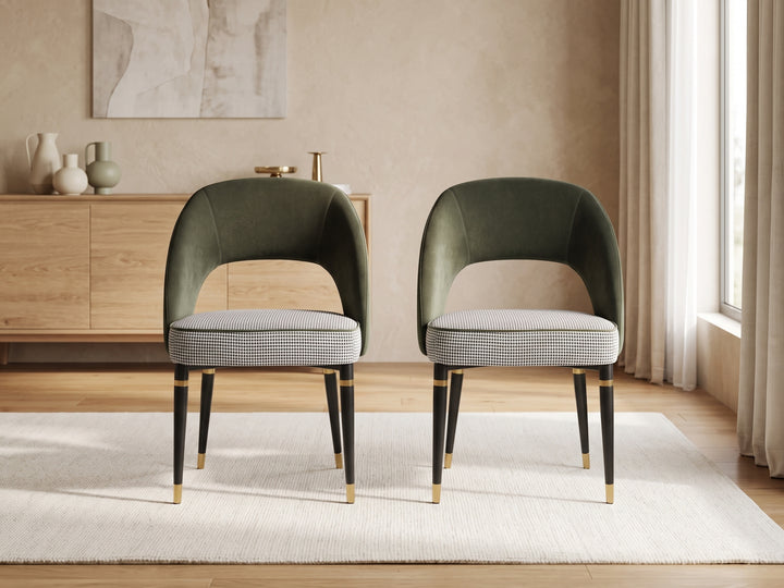 Milan Emerald Green Velvet Dining Chair with Houndstooth Seat