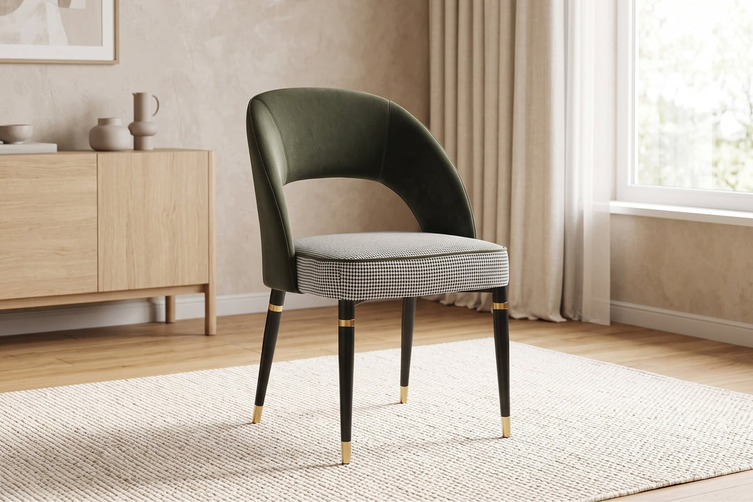Milan Emerald Green Velvet Dining Chair with Houndstooth Seat
