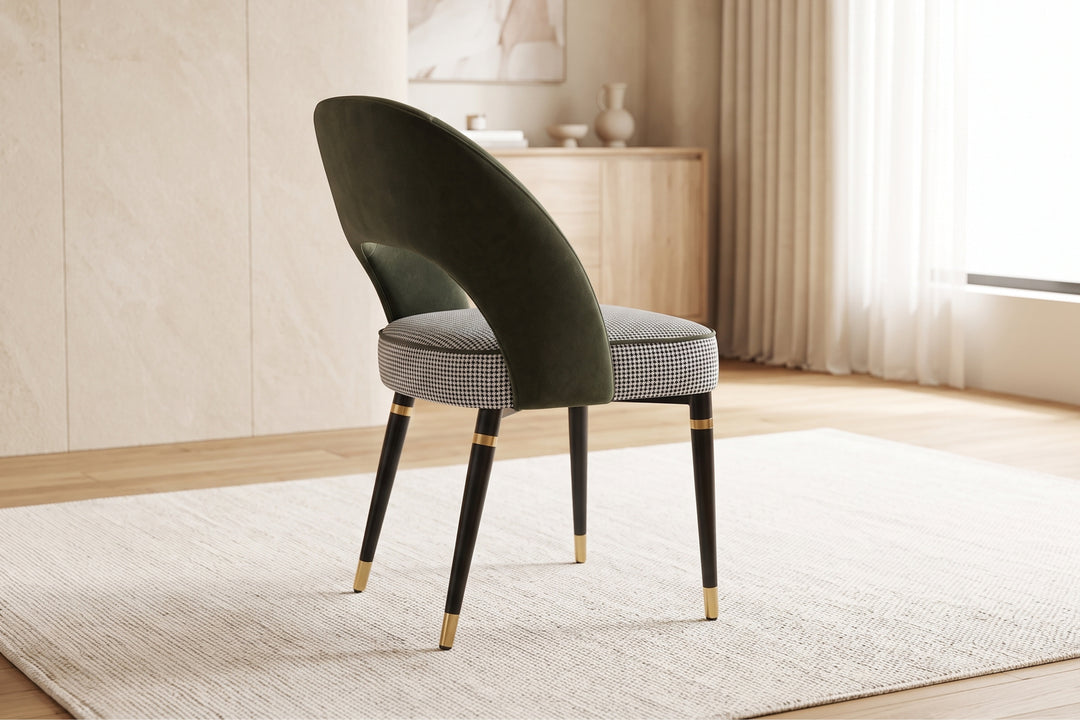 Milan Emerald Green Velvet Dining Chair with Houndstooth Seat