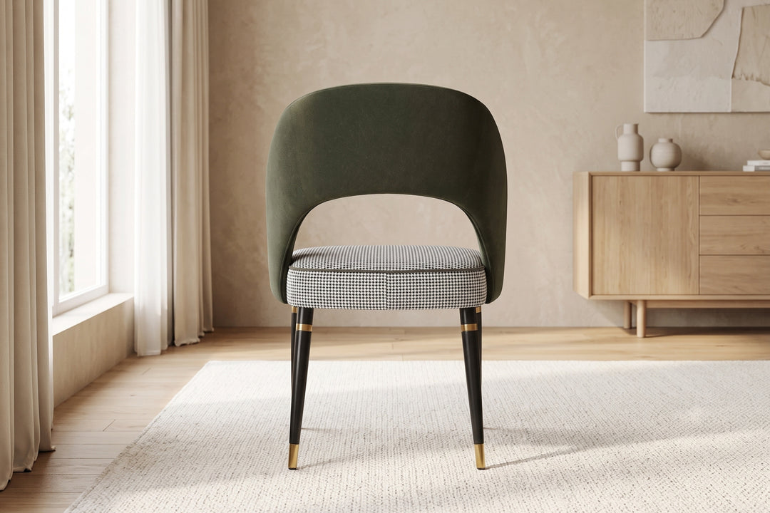 Milan Emerald Green Velvet Dining Chair with Houndstooth Seat