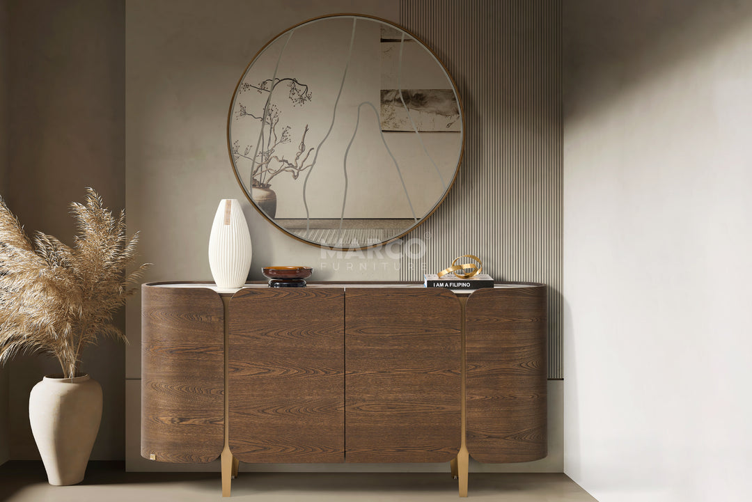 Wooden sideboard with decorative items in a modern interior setting