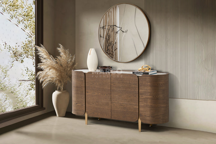 Wooden sideboard with decorative items in a modern interior setting