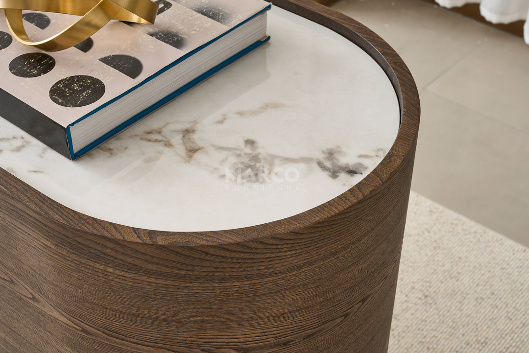 Round marble coffee table with wooden base