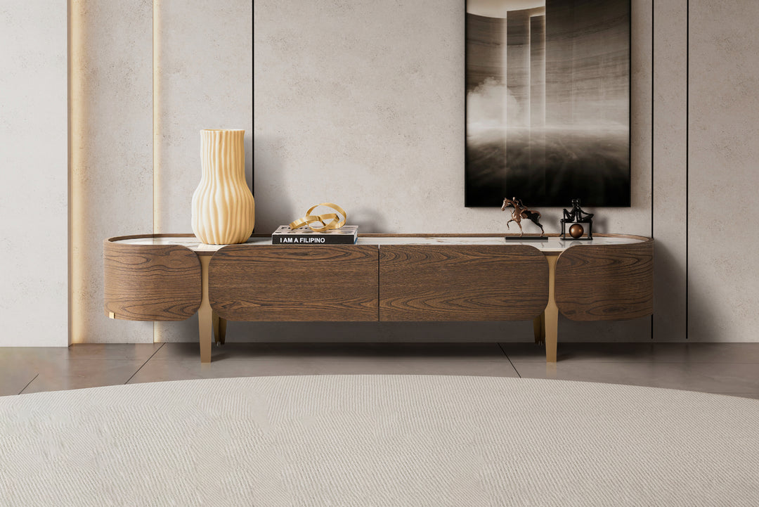 Wooden TV stand with decorative items in a modern living room setting.