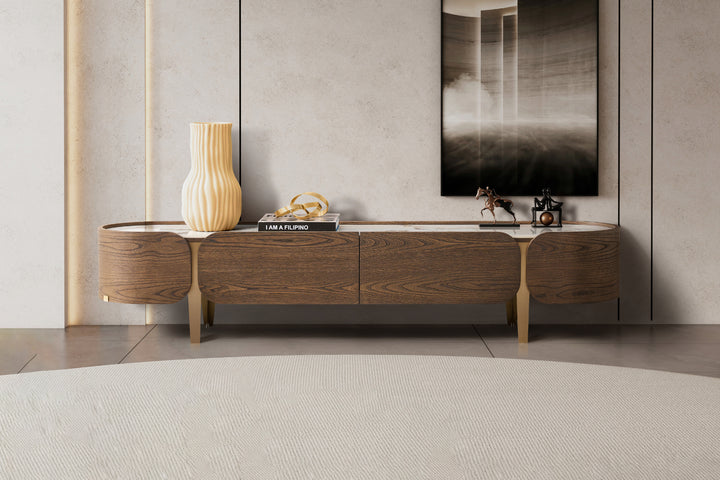 Wooden TV stand with decorative items in a modern living room setting.