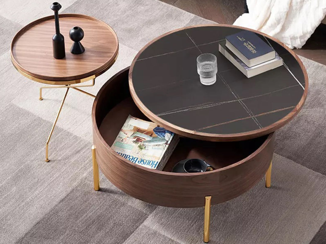 Moon Extendable Ceramic Top Coffee Table in Black with Storage