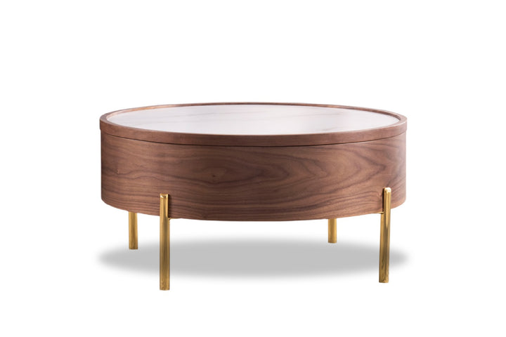 Round wooden coffee table with white top and gold legs on a white background