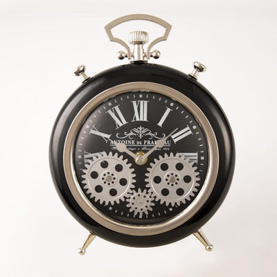 Round Roman Numeral Moving Cogs Table Clock Black  20cm