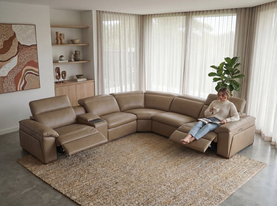 Nevada Leather Reclining Corner Lounge with Adjustable Headrests