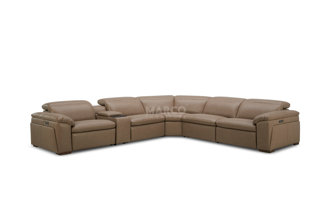 Brown sectional sofa with 'Marco' branding on a white background