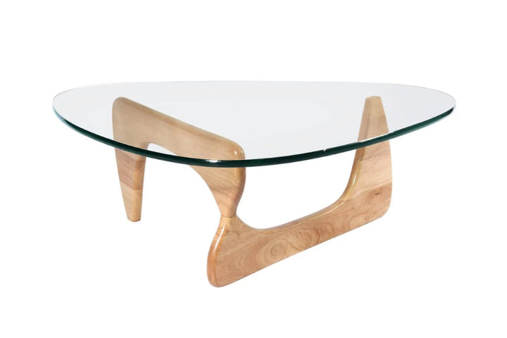 Glass coffee table with wooden legs on a white background