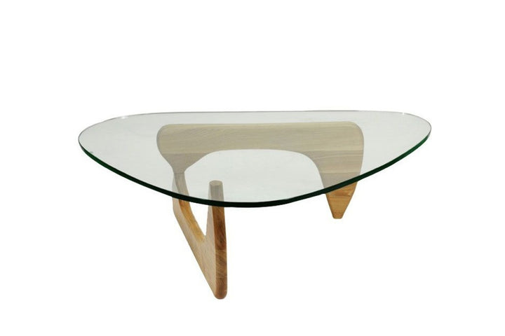 Glass coffee table with wooden legs on a white background