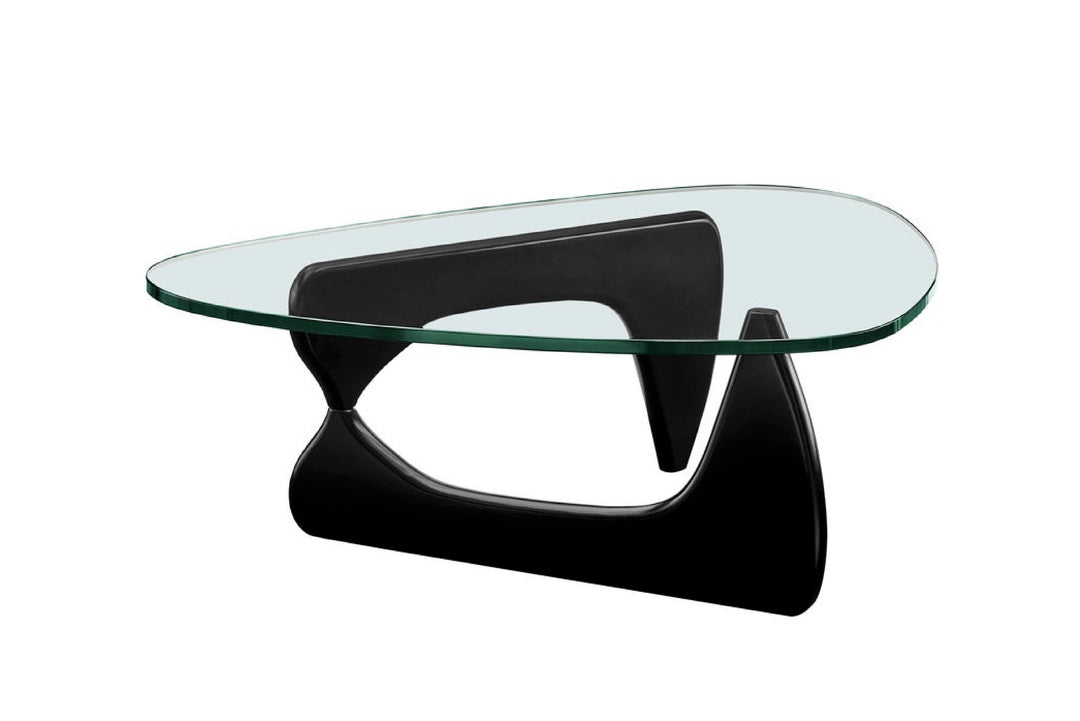 Modern glass coffee table with black base on white background