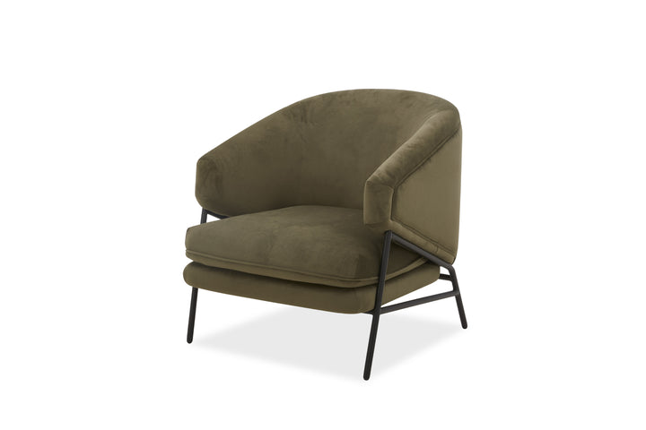 Green armchair with black metal legs on a white background