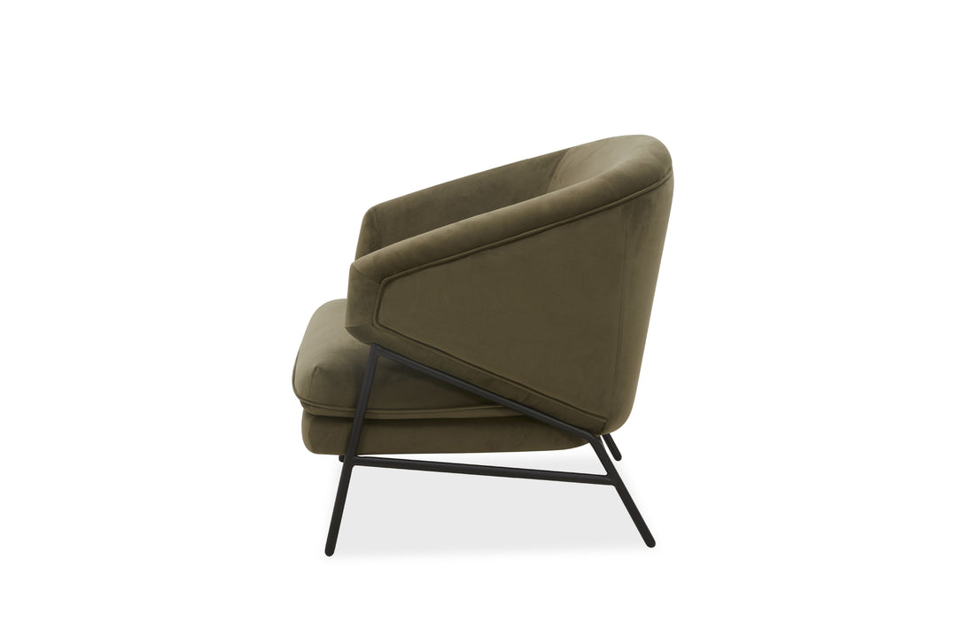 A moss green fabric occasional chair with black metal legs, featuring a high-density foam seat, curved back, and angled armrests.