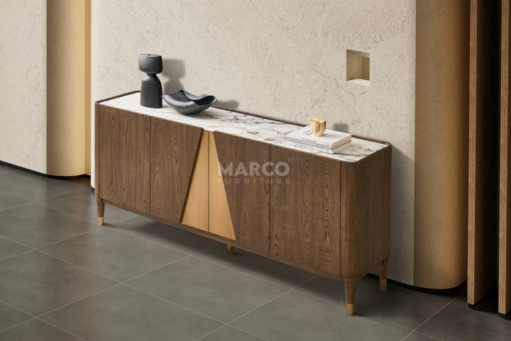 Wooden sideboard with marble top in a modern interior setting, featuring the brand 'Marco Furniture'.