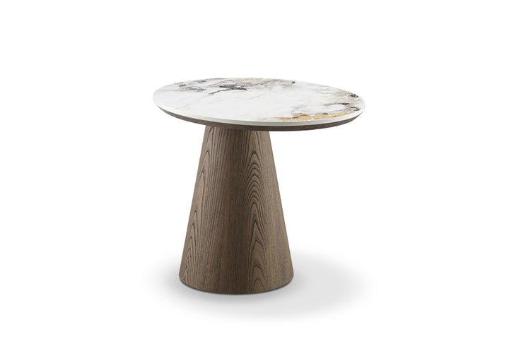 An oval-shaped ceramic tabletop on a wooden base, designed as a contemporary end table.