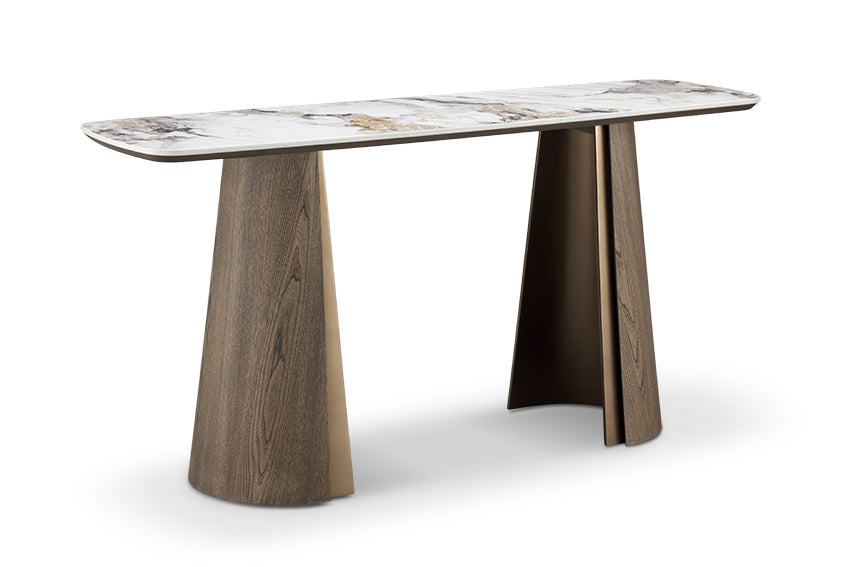 A contemporary design Olmo Fiorito console table with a ceramic top and wooden legs, with a touch of luxury indicated by the champagne gold details.