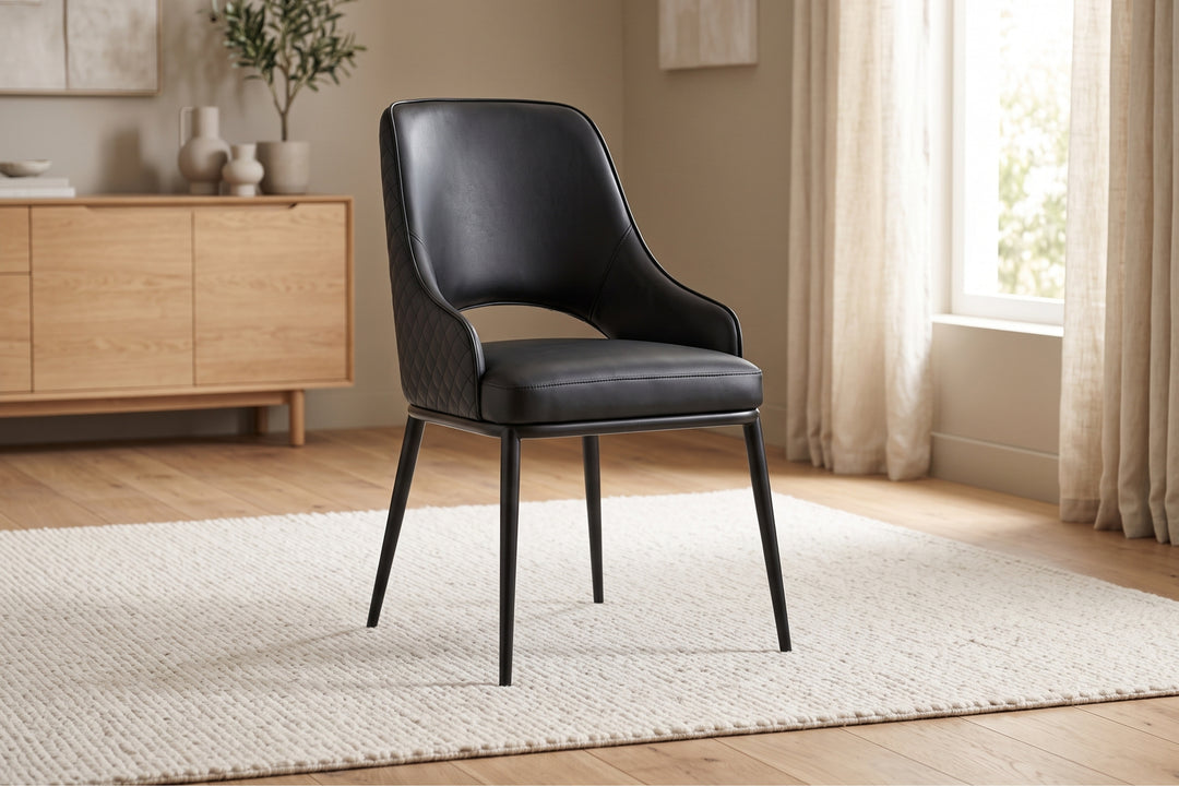 Prada Curved Back Black Leather Dining Chair with Metal Legs