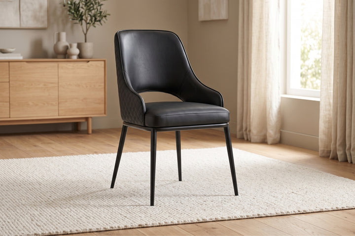 Prada Curved Back Black Leather Dining Chair with Metal Legs