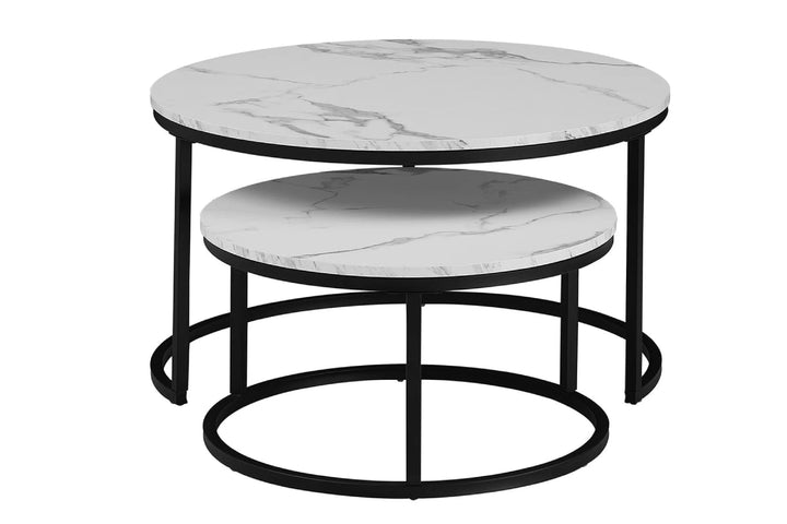 Round coffee table with marble-like surface and black metal frame.