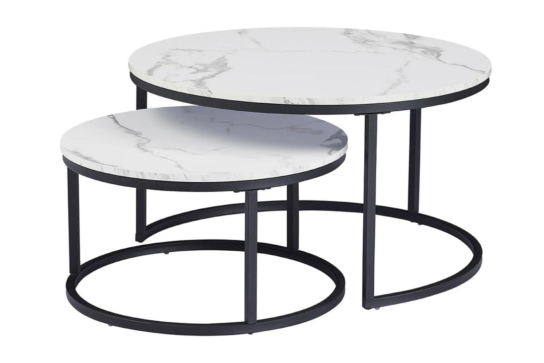 Two marble coffee tables with black metal frames on a white background.