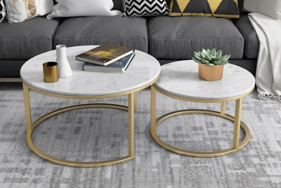 Proto Nesting Coffee Table with Marble Top and Stainless Steel Gold Base