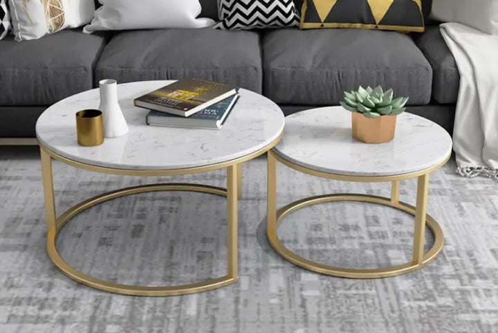 Proto Nesting Coffee Table with Marble Top and Stainless Steel Gold Base